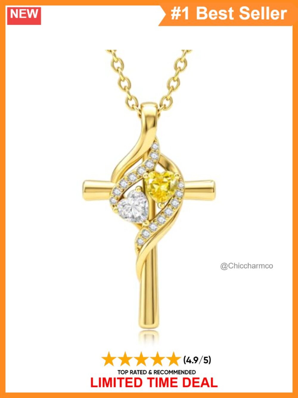 14K Gold Plated Cross Necklace Double Birthstones 18+2 Inch Adjustable